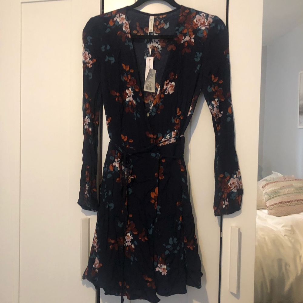 Floral Wrap Dress - Black with Rust & Teal Accents